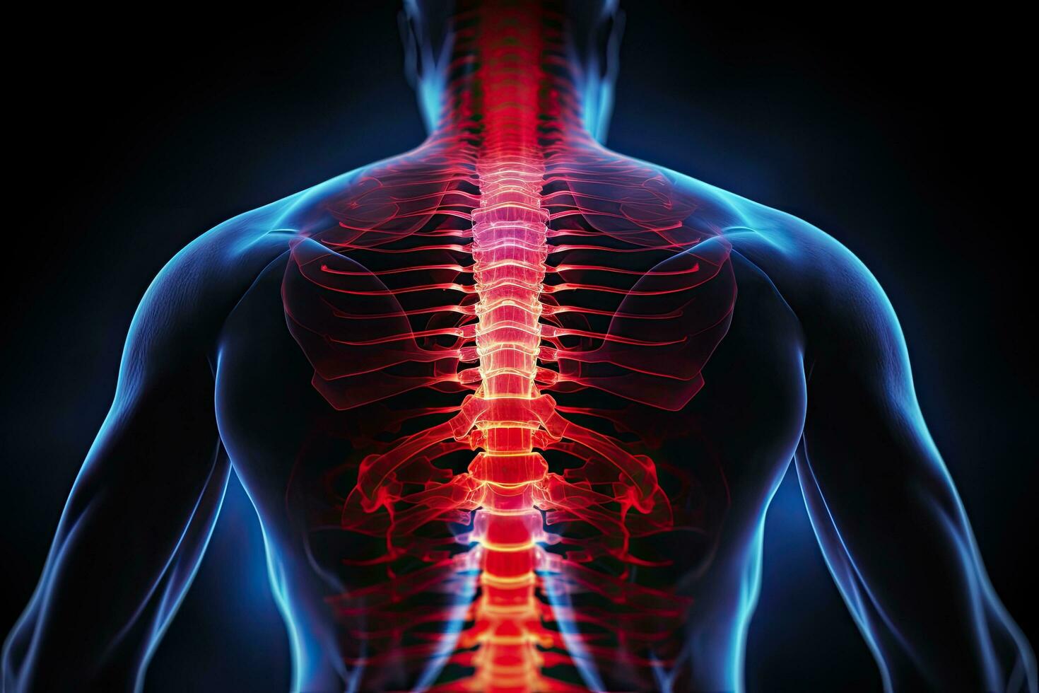 humano esqueleto anatomía radiografía en oscuro antecedentes. 3d representación, destacado inferior espalda dolor demostración con rojo holográfico columna vertebral, ai generado foto