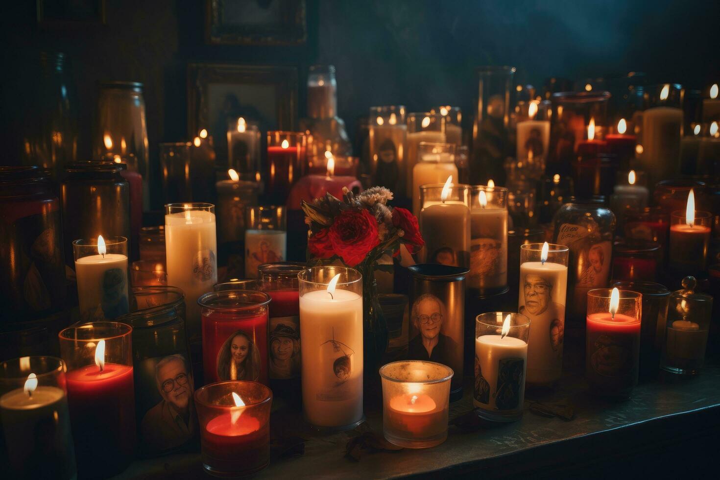 ardiente velas en cementerio a noche. Víspera de Todos los Santos antecedentes. selectivo enfocar, grupo de iluminado velas, memoria de fallecido personas, ai generado foto