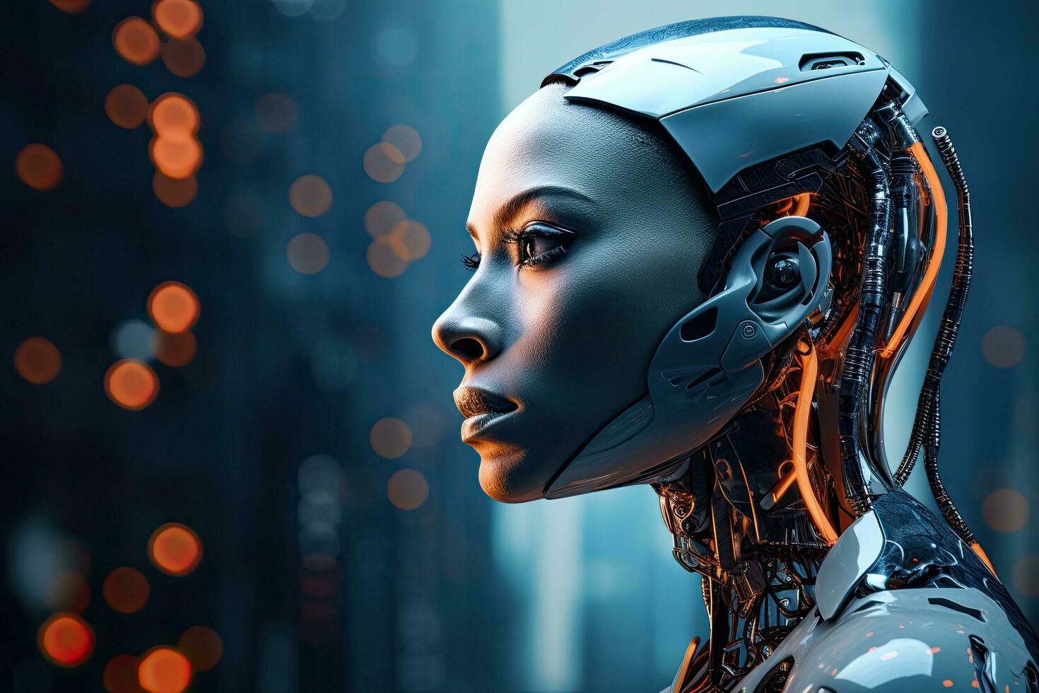 Cyborg woman face in front of futuristic background. 3D rendering, Hi tech robot close up view portrait on a digital background, AI Generated photo