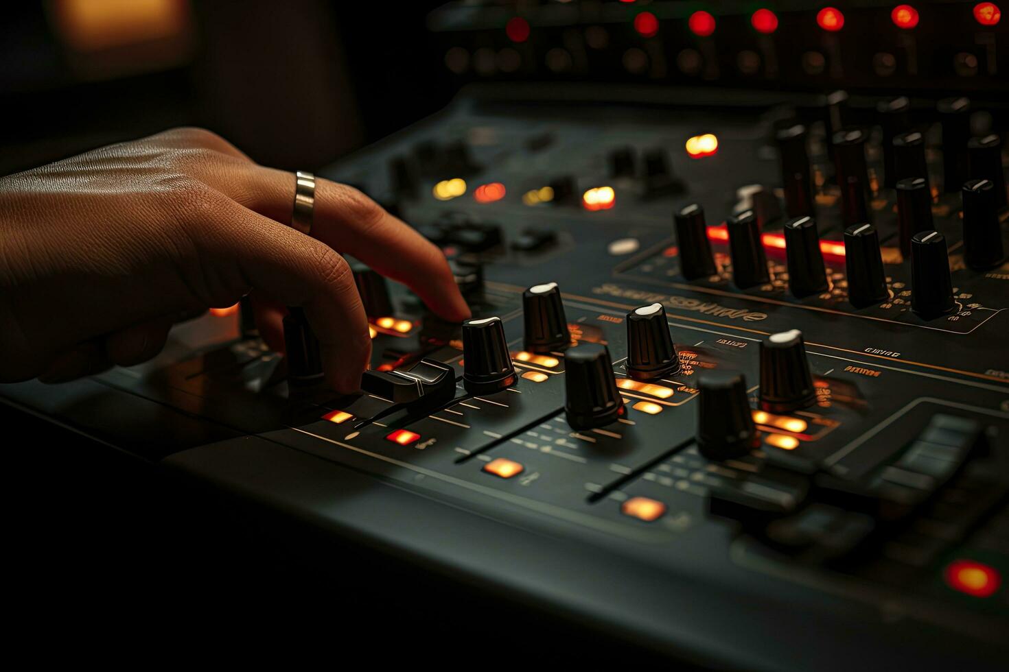 Close up of hand adjusting sound mixer control panel in recording studio, Hand on a sound mixer station, top view, AI Generated photo