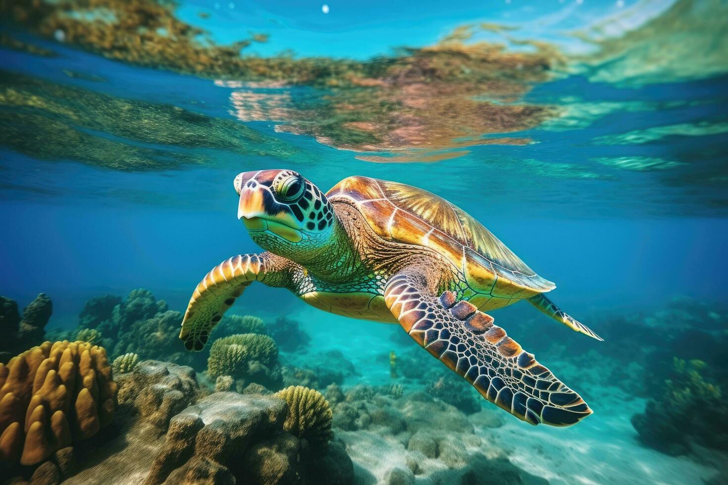 Hawaiian green sea turtle swimming on coral reef at Maldives, Green sea turtle swimming in turquoise sea water, underwater photo, AI Generated photo