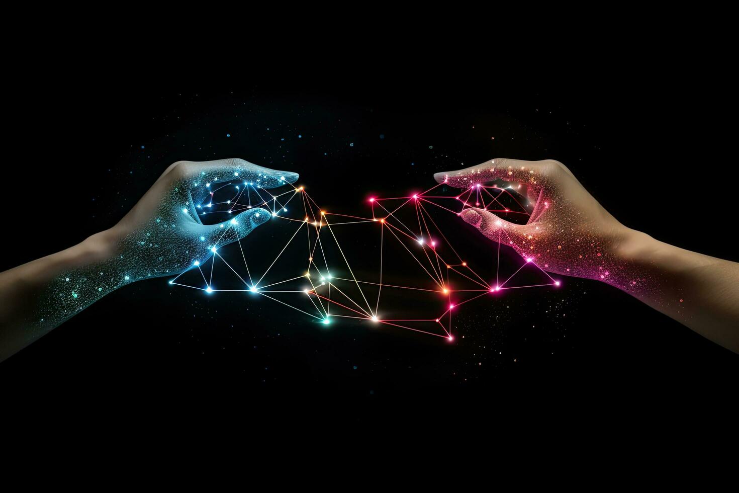 Close up of human hands touching with fingers social connection concept on dark background, Hand united together to form lines, triangles, and particle style design, AI Generated photo