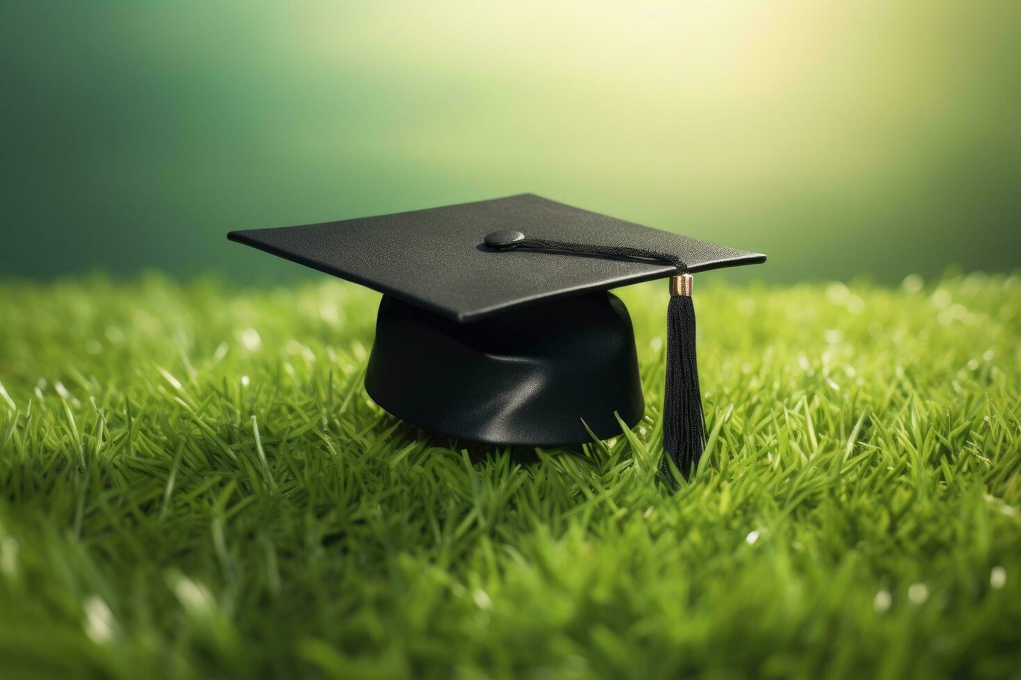 Graduation cap on green grass background with copy space. Education concept, graduation hat lies on green grass, AI Generated photo