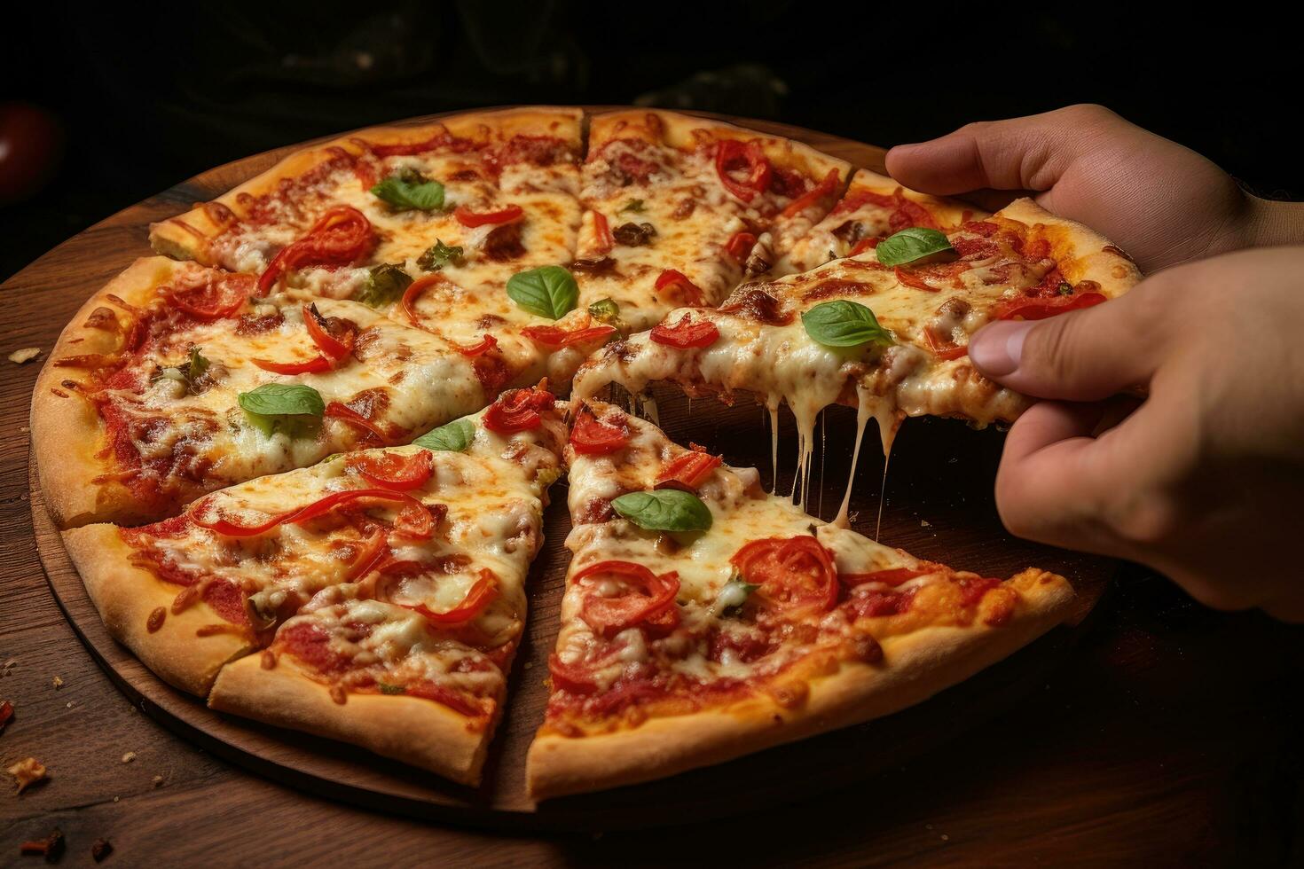 Pizza in the hands of a man on a dark background, Handtaking a slice of Italian cuisine pizza, AI Generated photo