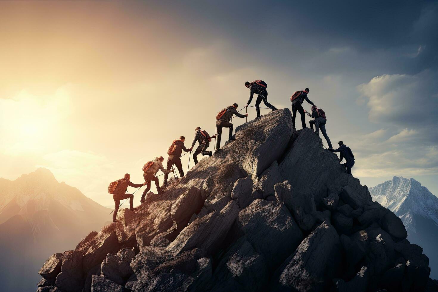 Group of climbers climbing on mountain peak. Teamwork and leadership concept, Group of people on peak mountain climbing helping team work, AI Generated photo