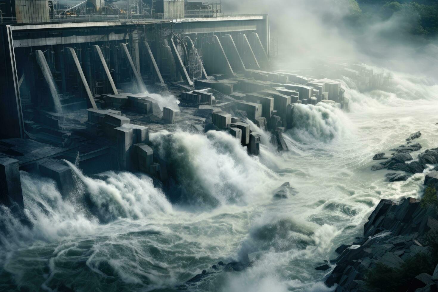 Hydroelectric power station in the middle of the river in the fog, hydroelectric plant with strong waterfalls falling down, AI Generated photo
