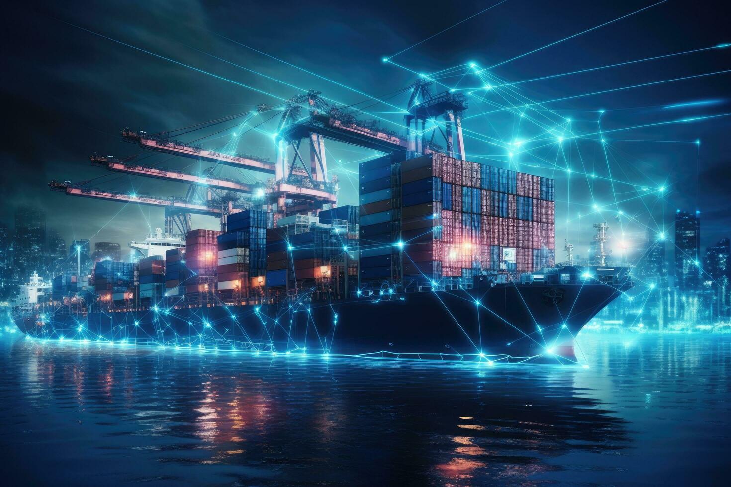 Containers shipping in harbor at night with connection lines. Mixed media, Incorporating new tech for ship transport and cargo regulation, AI Generated photo