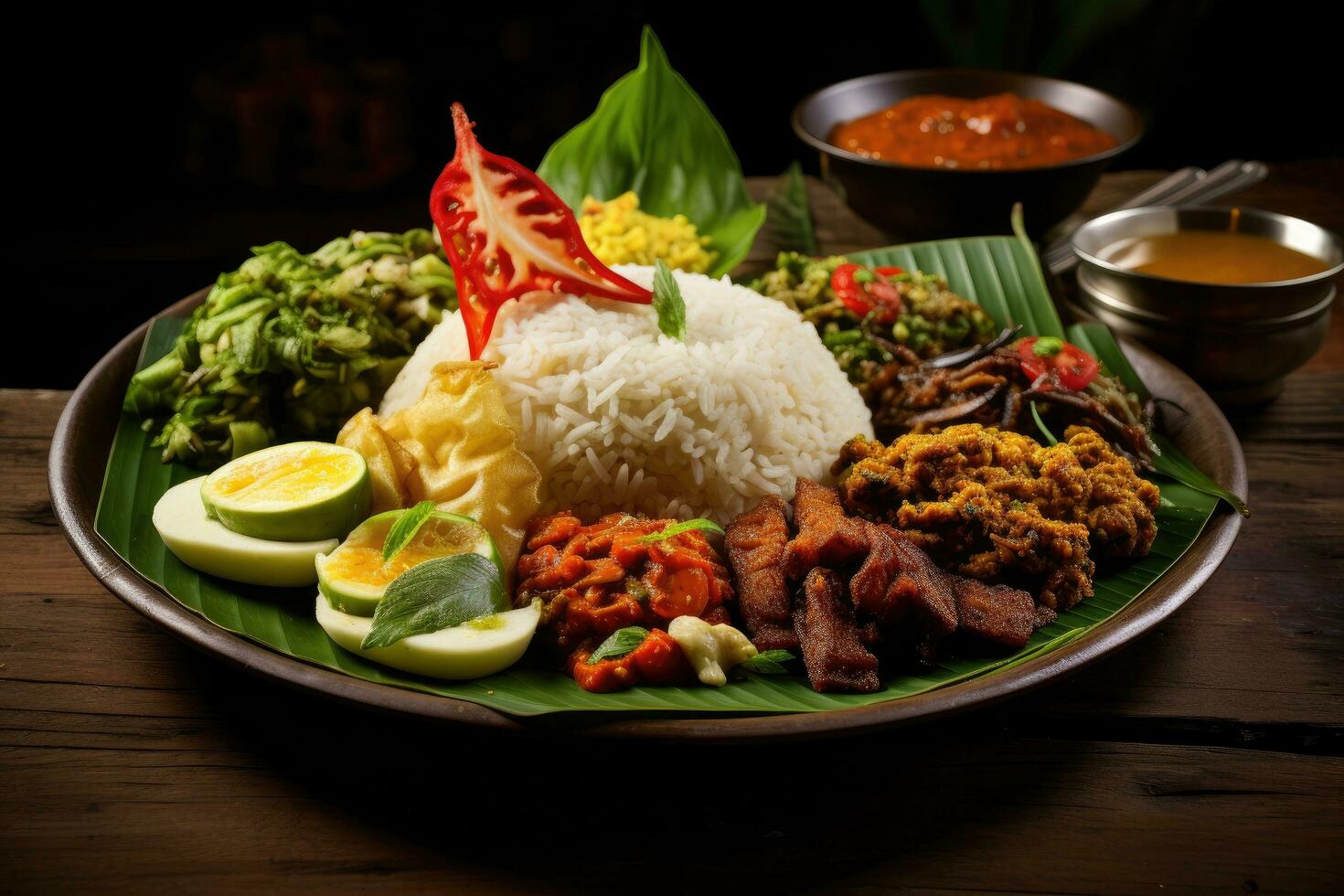 Rice with meat and vegetables on wooden table, Thai food, Indonesian traditional bali food. Indonesia, AI Generated photo