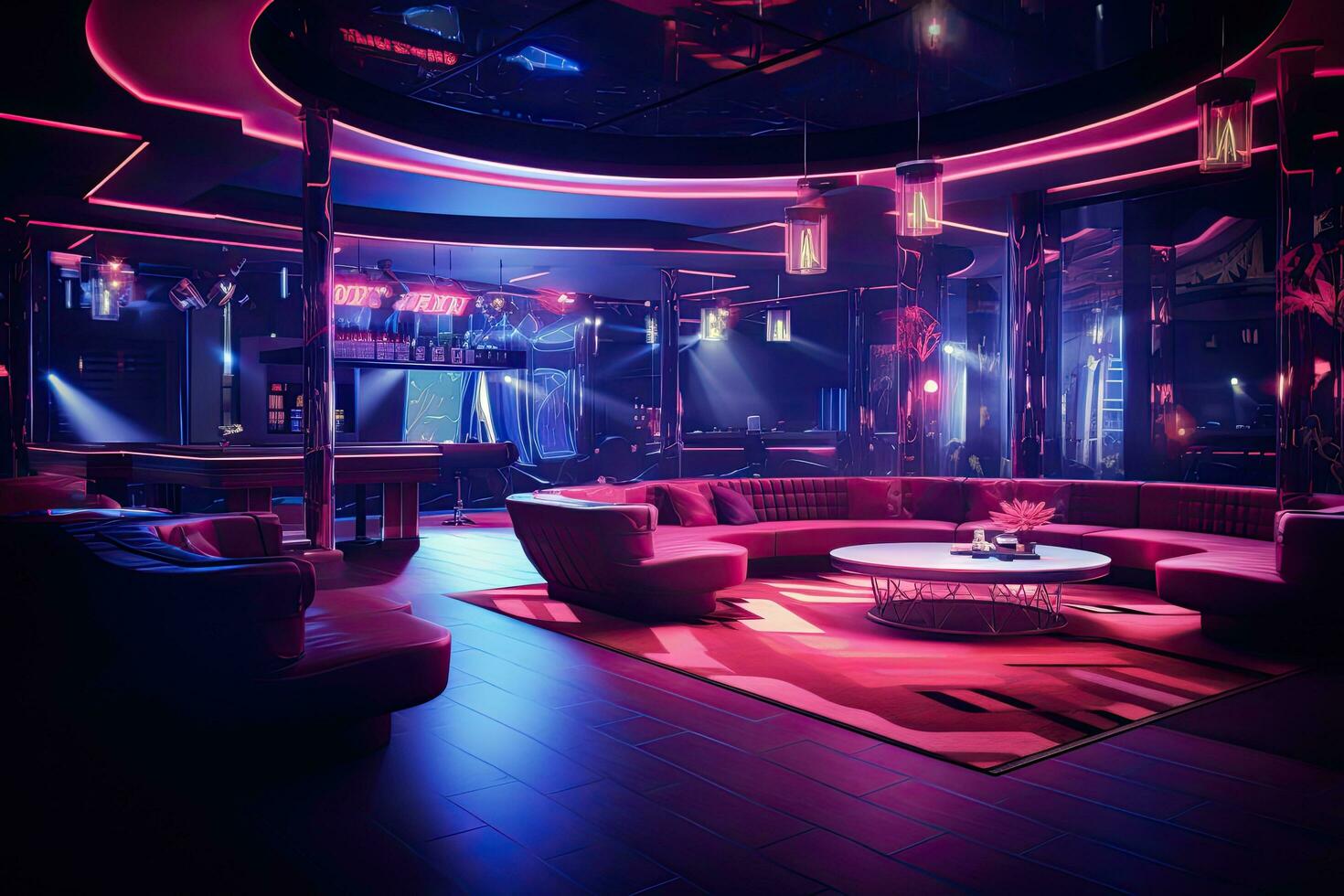 Night club interior with neon lights. Night club interior. 3D rendering, Interior of a night club with bright lights. Night club. A decorated night club with stylish couches and, AI Generated photo