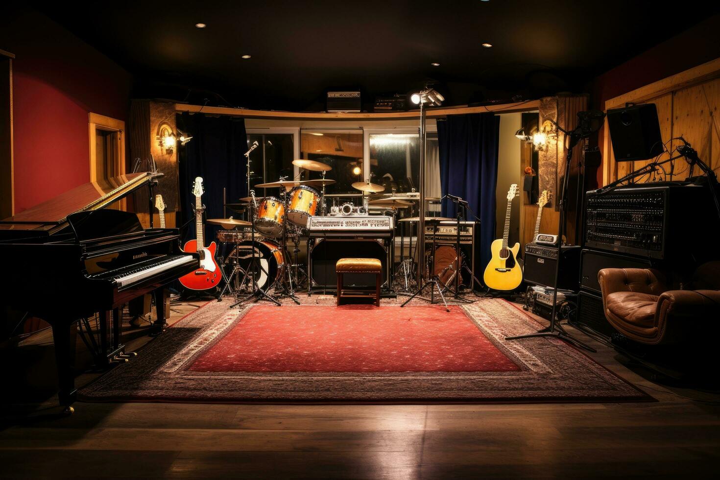 Interior of a music studio with guitar, piano and chair, Indoor recording studio with guitars amps and pianos, AI Generated photo