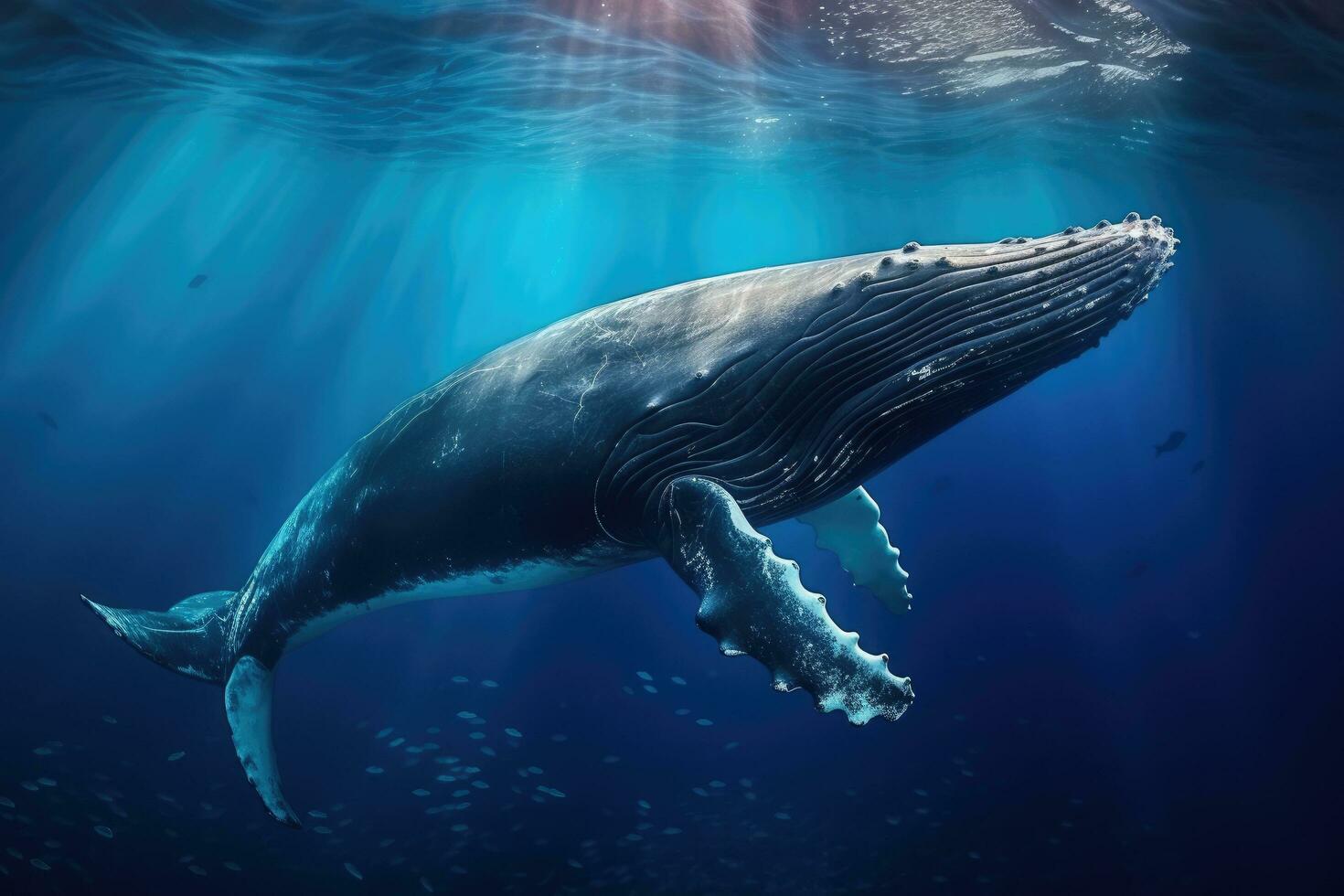 Humpback whale swimming in deep blue ocean. This image is a 3d render illustration, Humpback whale swimming underwater in blue water. Marine life, AI Generated photo