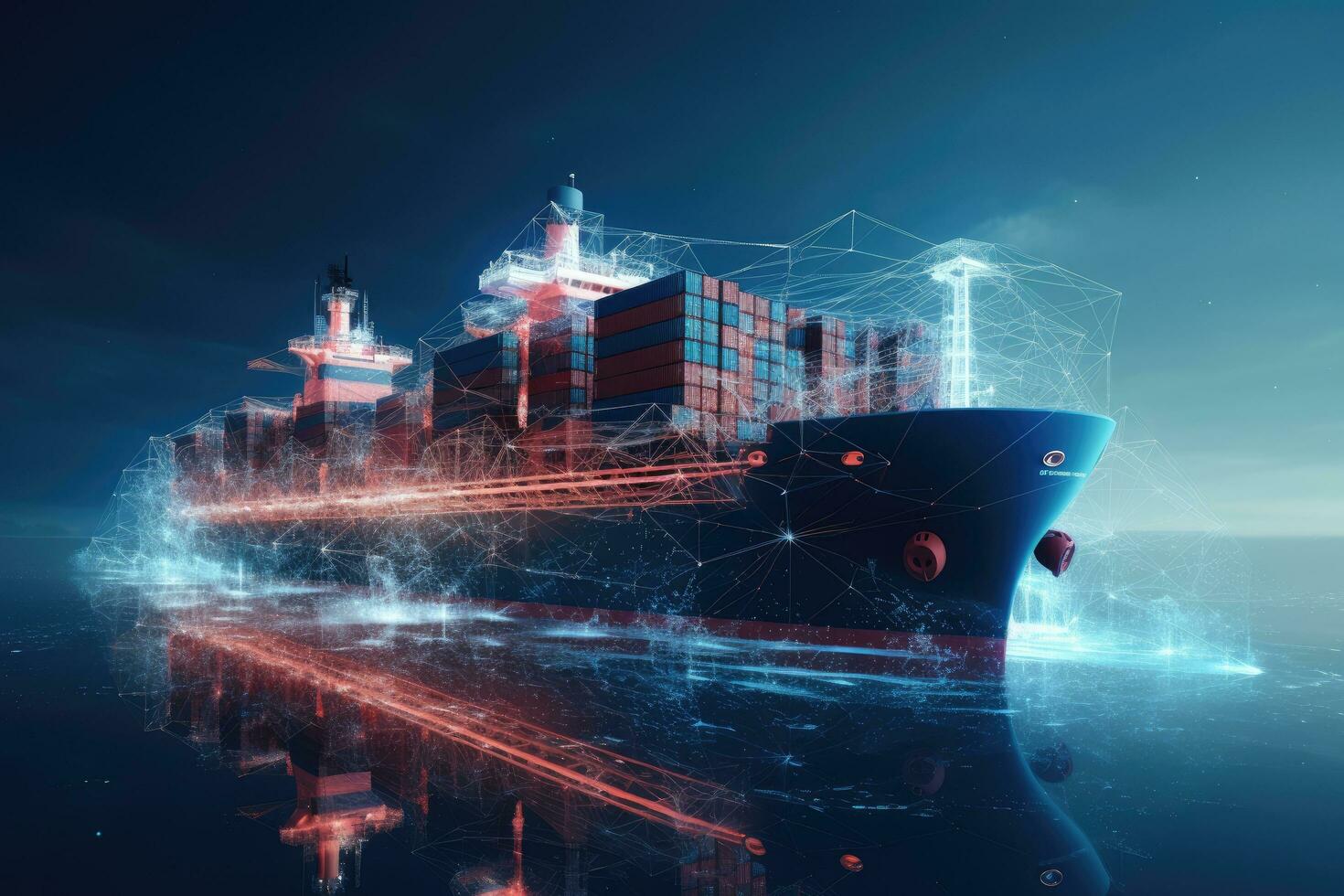 Cargo ship with containers on dark blue background. 3D rendering, Incorporating new tech for ship transport and cargo regulation, AI Generated photo