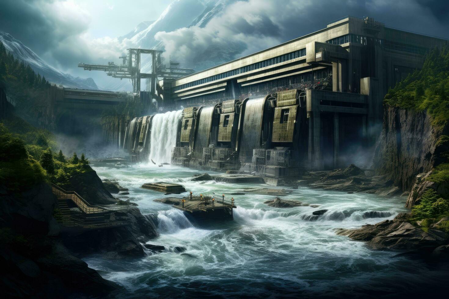 Hydroelectric power station in the mountains. 3D rendering, hydroelectric plant with strong waterfalls falling down, AI Generated photo