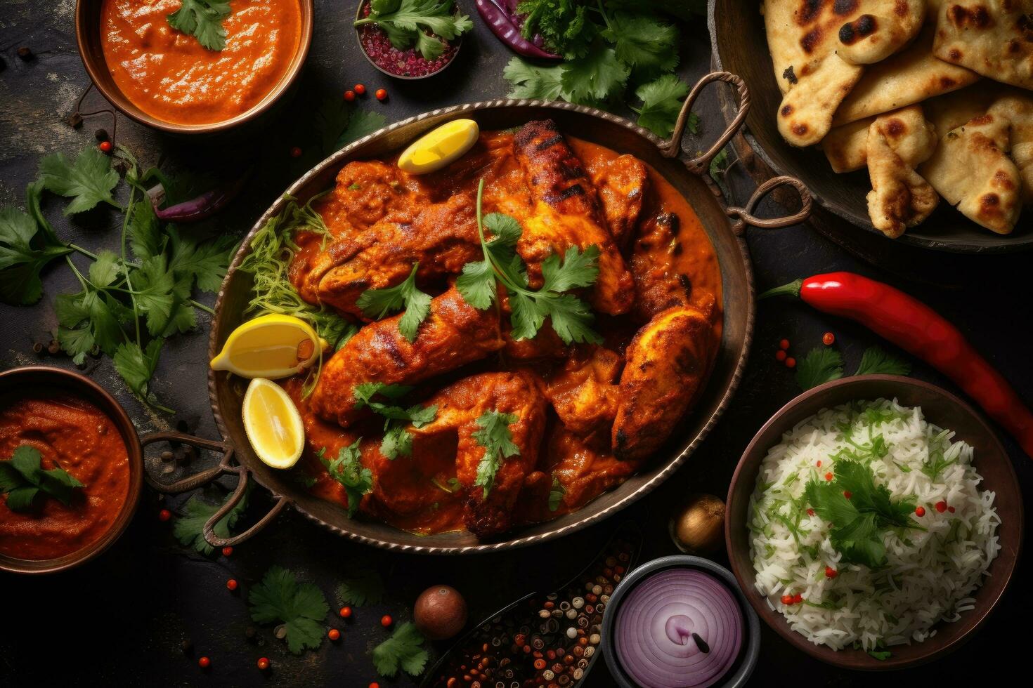 Chicken tikka masala or chicken tikka, popular Indian food recipe, served in a bowl or plate. Selective focus, Indian food feast with chicken tikka masala curry, tandoori chicken, AI Generated photo