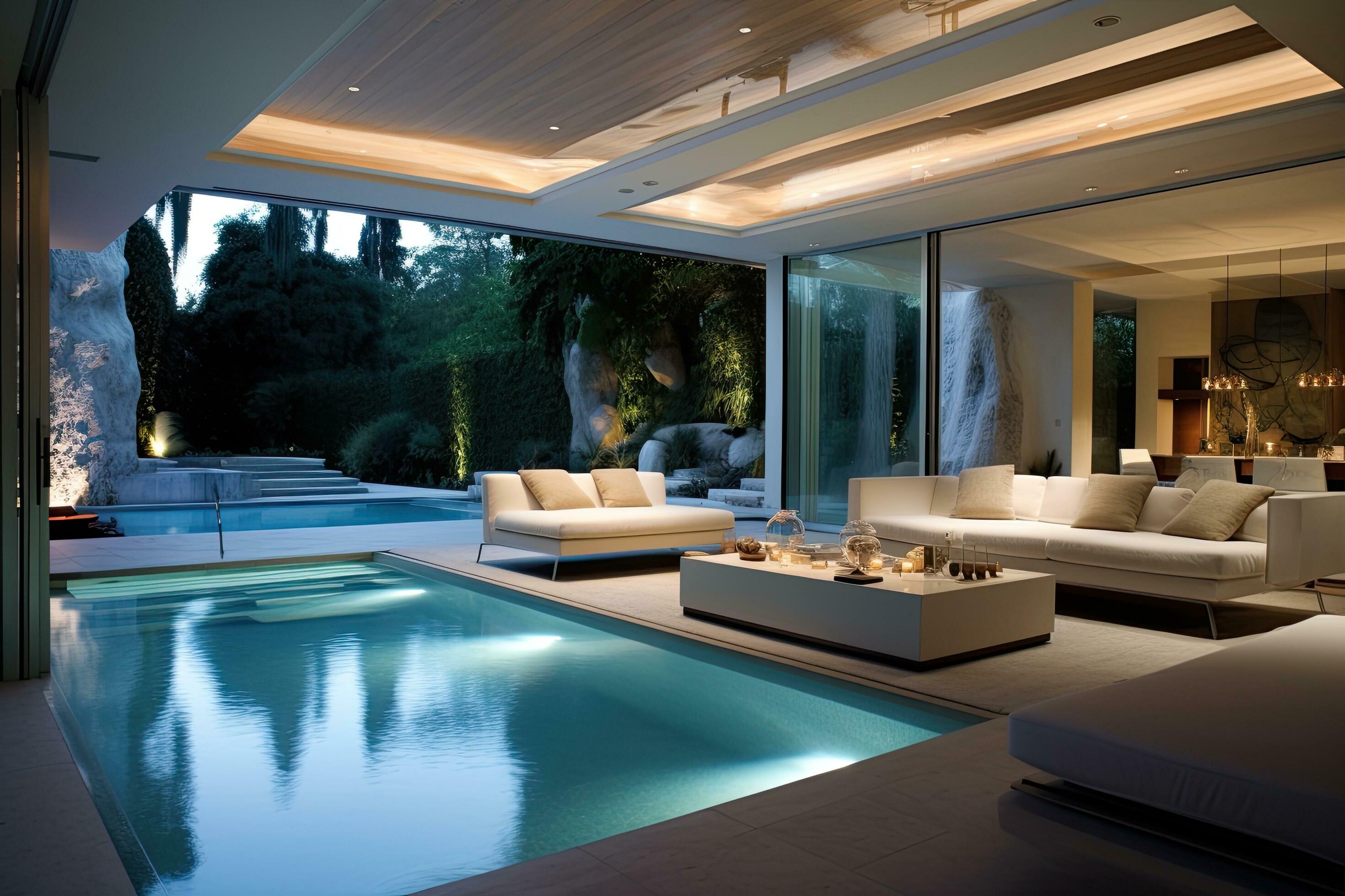 Luxury living room with swimming pool, view from the terrace, interior