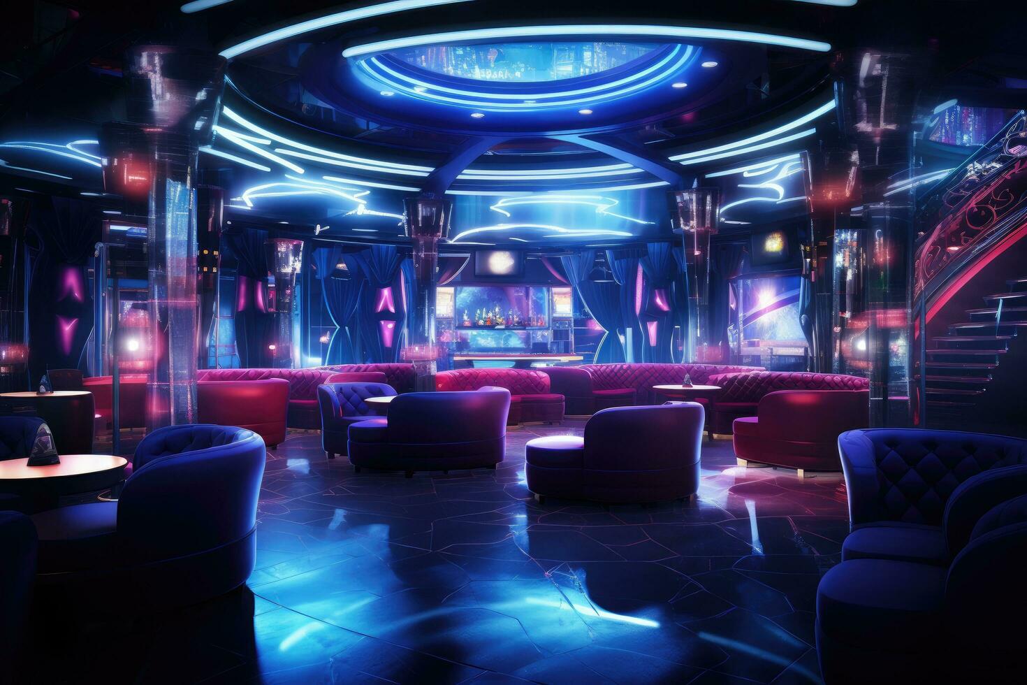 interior de el noche club con neón luces, 3d prestar, interior de un noche club con brillante luces. noche club. un decorado noche club con elegante sofás y vistoso cóctel mesas, ai generado foto