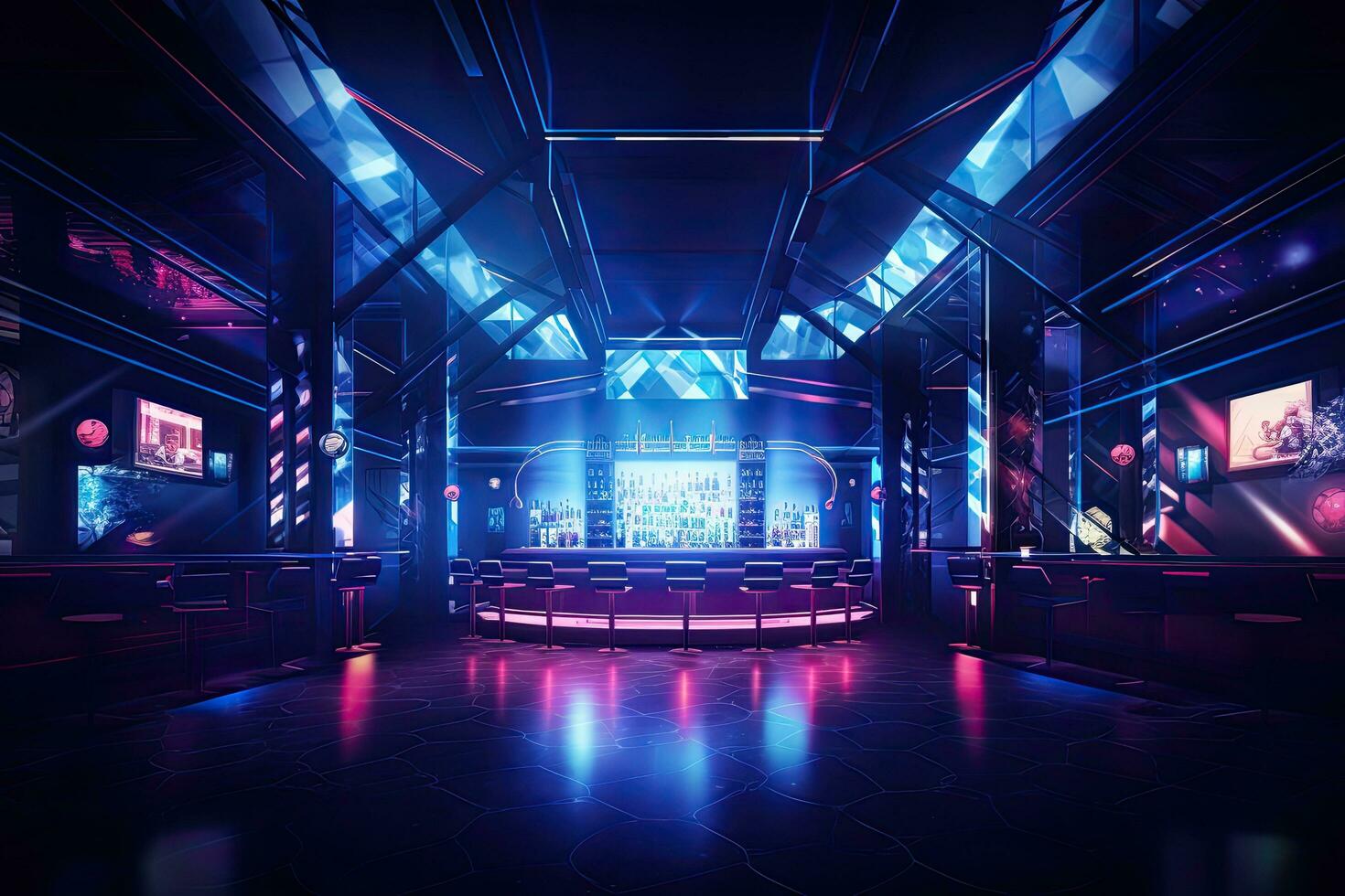 3d representación. futurista interior de un Club nocturno con neón luces, interior de un noche club con brillante luces. noche club. un decorado noche club con elegante sofás y vistoso, ai generado foto