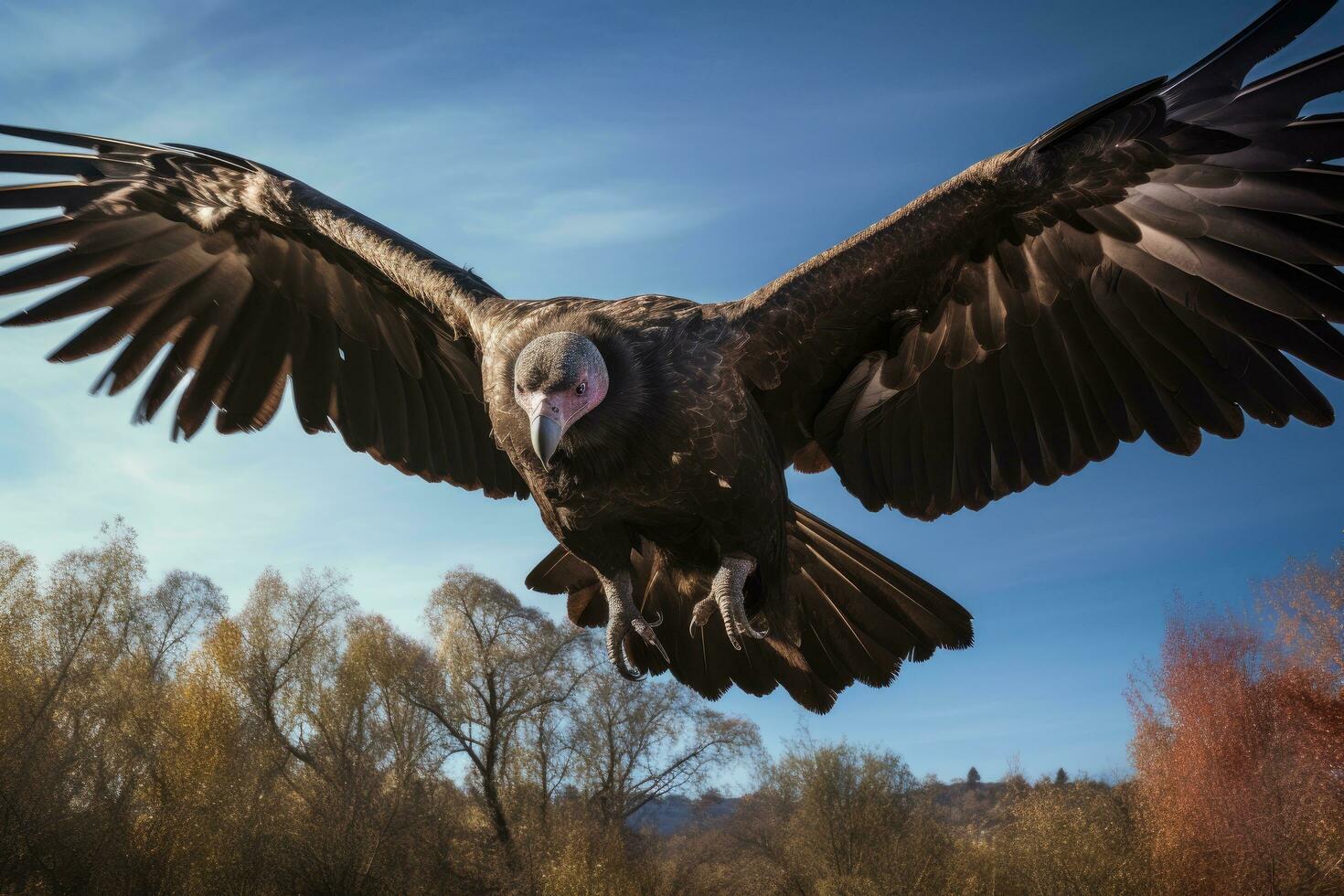 Griffon Vulture Gyps fulvus in flight, huge vulture in flight, low angle view, AI Generated photo