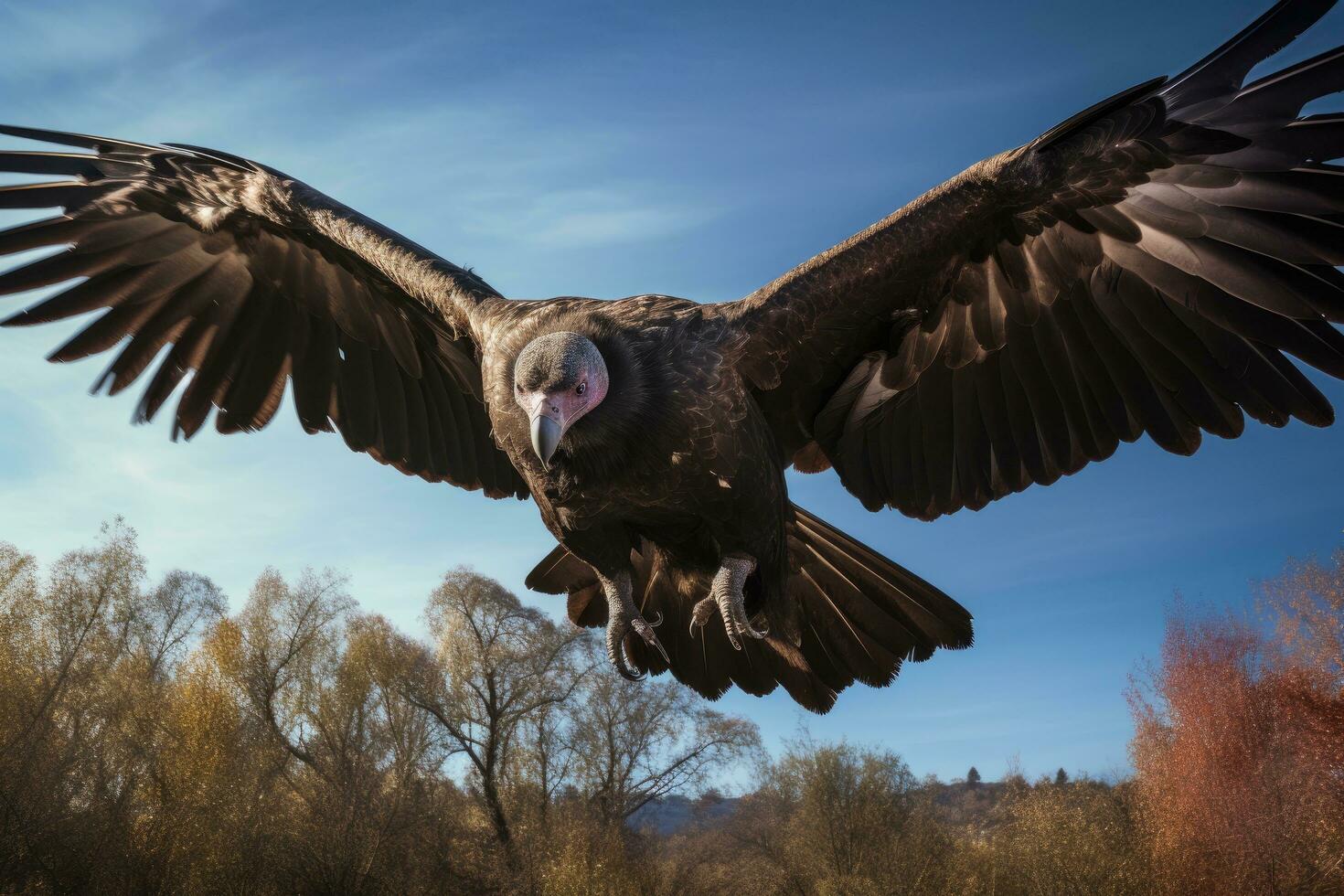 grifón buitre gyps fulvus en vuelo, enorme buitre en vuelo, bajo ángulo vista, ai generado foto