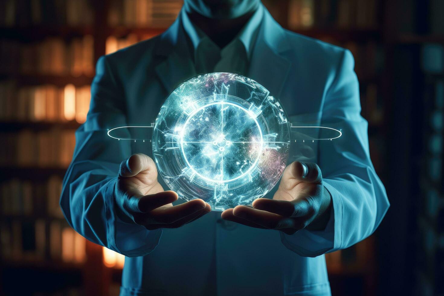 Close up of businessman holding global network hologram. 3D rendering, Innovative technologies in science and medicine, AI Generated photo