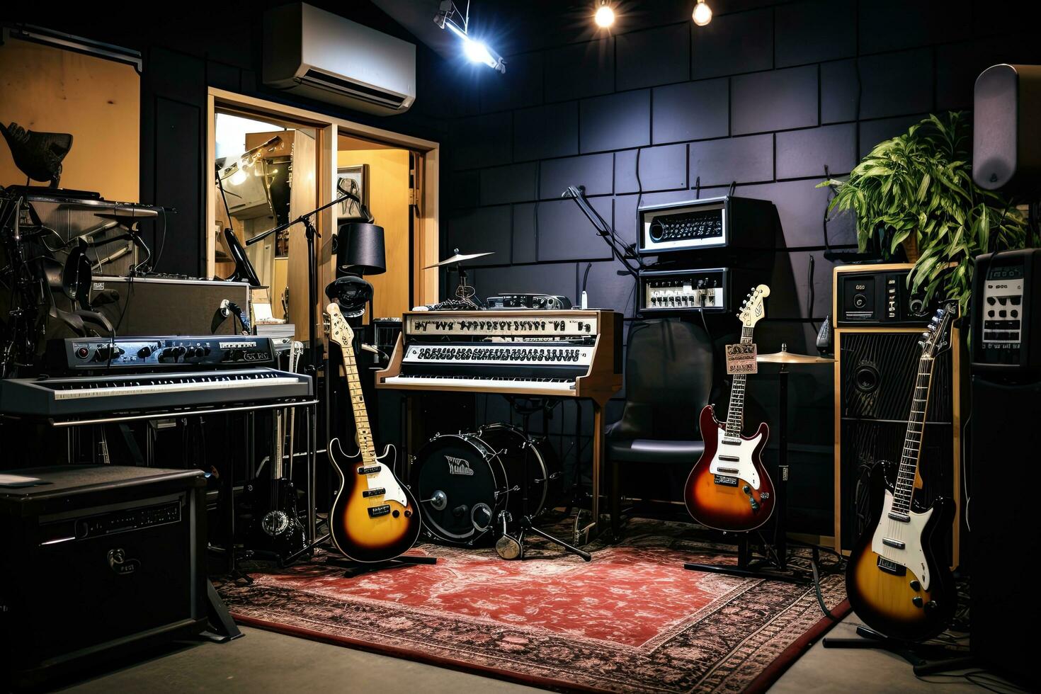interior de un grabación estudio con eléctrico guitarras y otro instrumentos, interior grabación estudio con guitarras amperios y pianos, ai generado foto