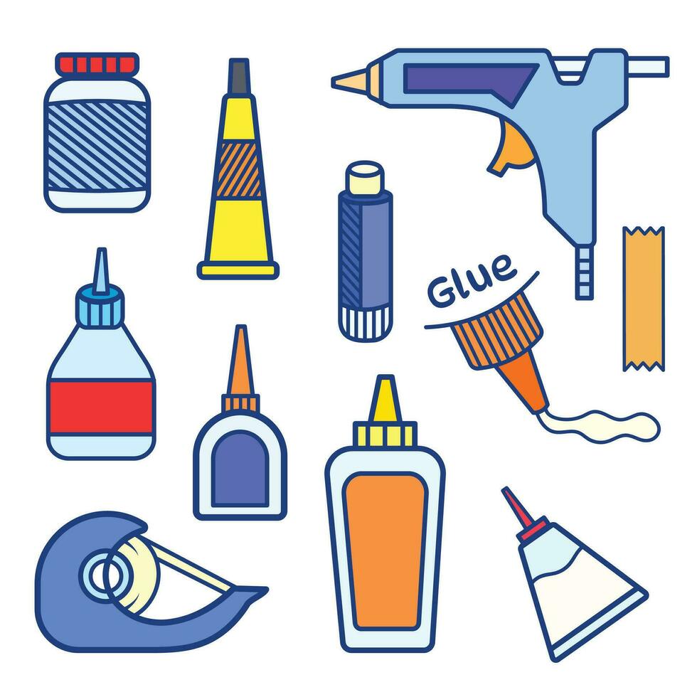 Colored glue bottles and adhesive themed vector icon set collection with outline isolated on square white background. Simple flat cartoon minimalist art styled drawing.