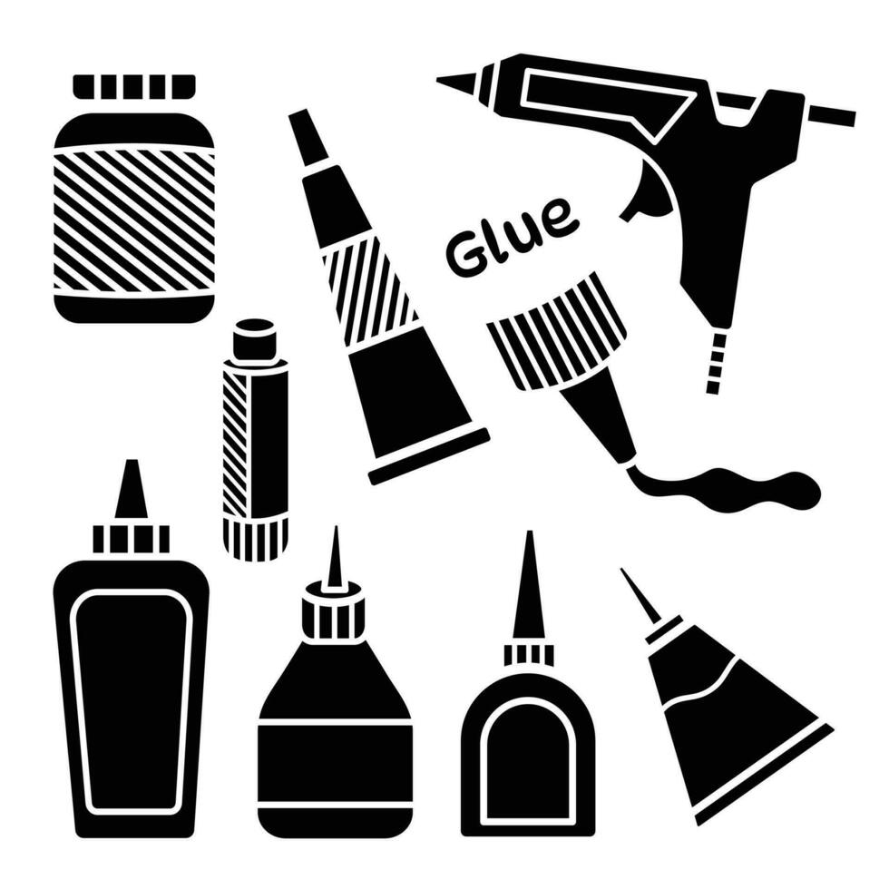 Glue bottles and adhesive themed vector icon set collection black silhouette isolated on square white background. Simple flat cartoon minimalist art styled drawing.