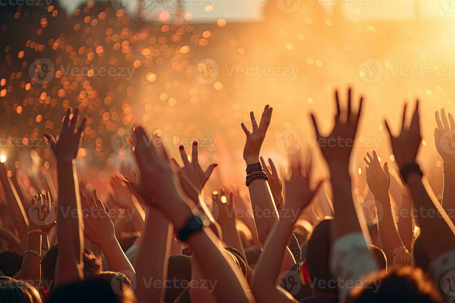 Crowd cheering at a music festival and raising hands up in the air, Crowd raising hand in the air and enjoying concert on a festival, AI Generated photo