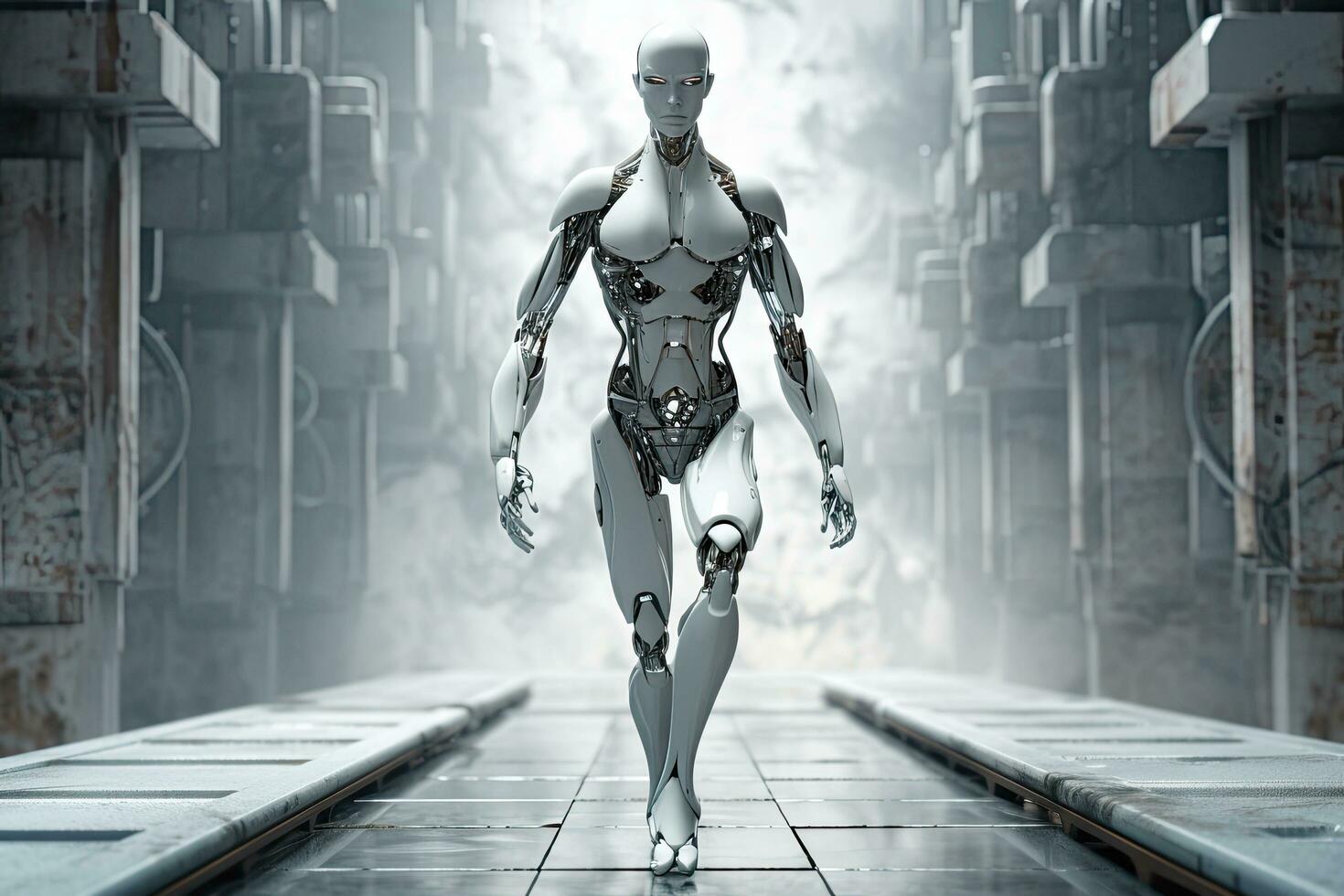 Cyborg female robot in futuristic space. 3D rendering and illustration, humanoid robot walks through  the  fourth dimension space , AI Generated photo