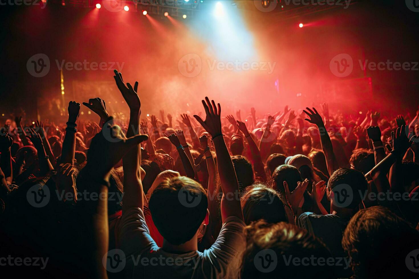 crowd at a music festival, hands raised up in front of the stage, Crowd cheering at a live music concert and raising hands up, AI Generated photo