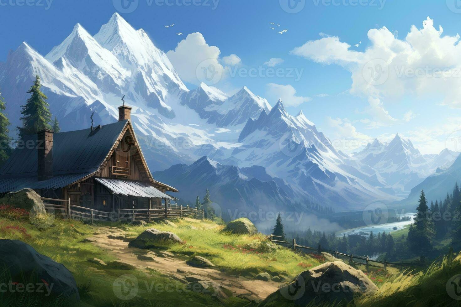 Beautiful mountain landscape with a wooden church in the mountains. Digital painting, Create a beautiful mountain scene with a log home on the side of a rugged mountain that has snow, AI Generated photo
