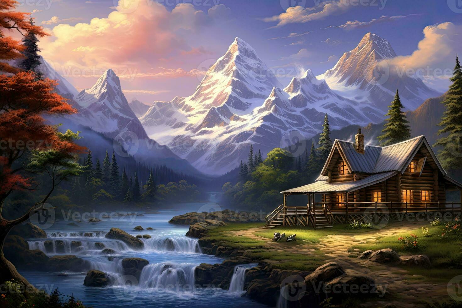 Beautiful mountain landscape with a wooden house and a waterfall. Digital painting, Create a beautiful mountain scene with a log home on the side of a rugged mountain that has snow, AI Generated photo