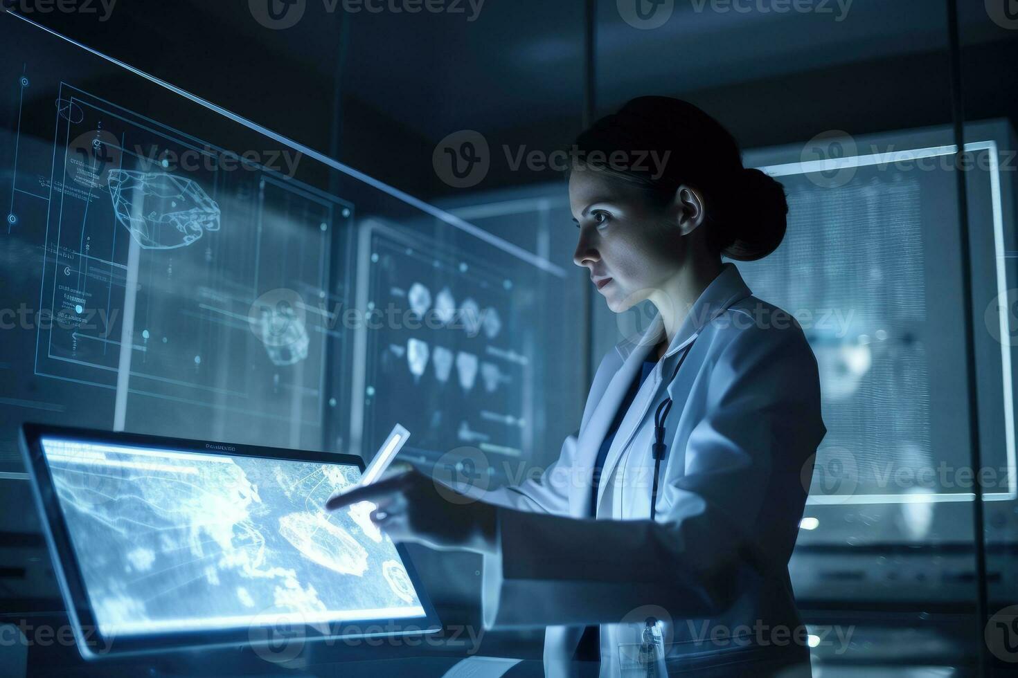 Young female doctor working with futuristic interface in dark office. Technology and medicine concept, A female doctor with a tablet checking on medical information, AI Generated photo