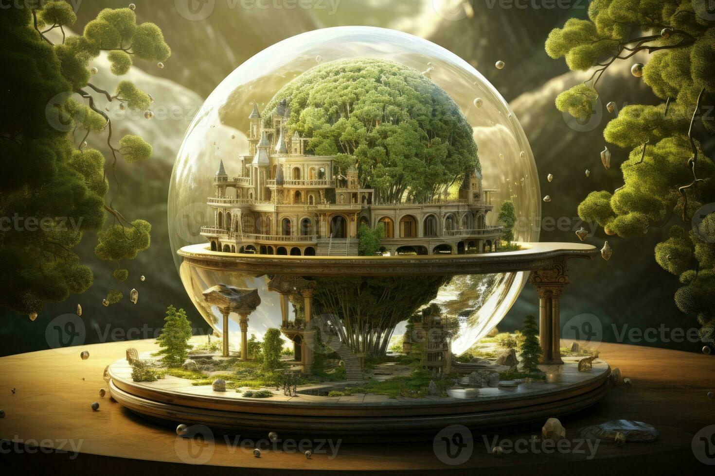 3d render of fantasy landscape with fantasy castle in crystal ball, Copyrighted Material, Intellectual Property Copyright, AI Generated photo