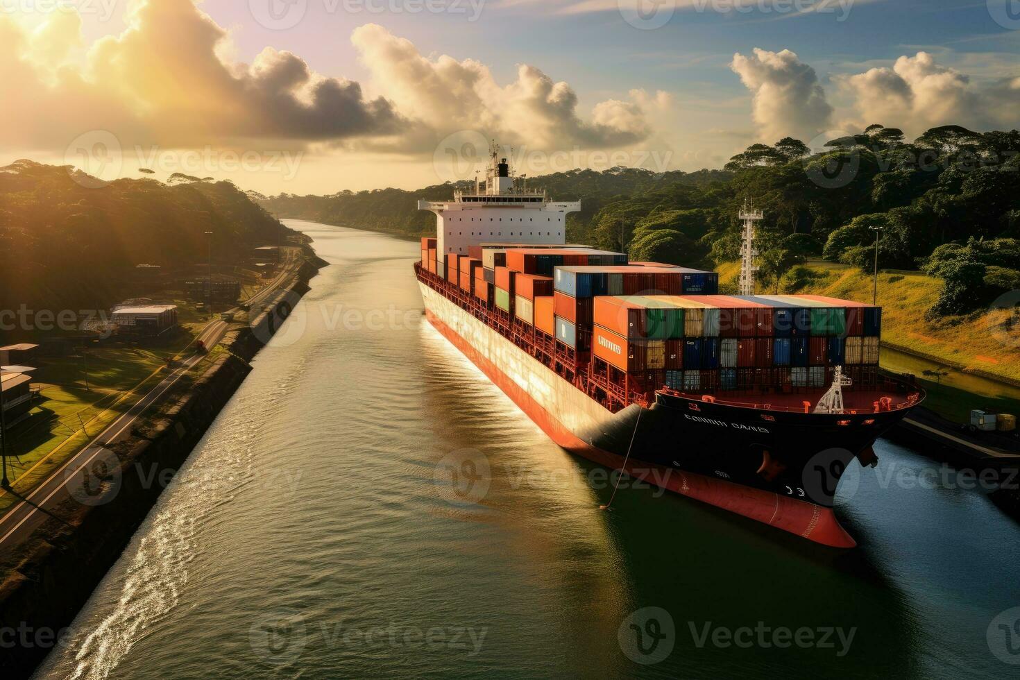 Aerial view of container ship in the Panama Canal at sunset, container ship passing through the Panama Canal, AI Generated photo