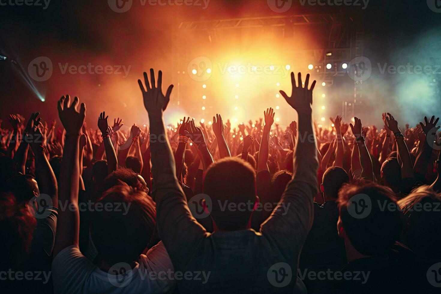 Crowd cheering at a live music concert on stage with hands raised, Crowd cheering at a live music concert and raising hands up, AI Generated photo