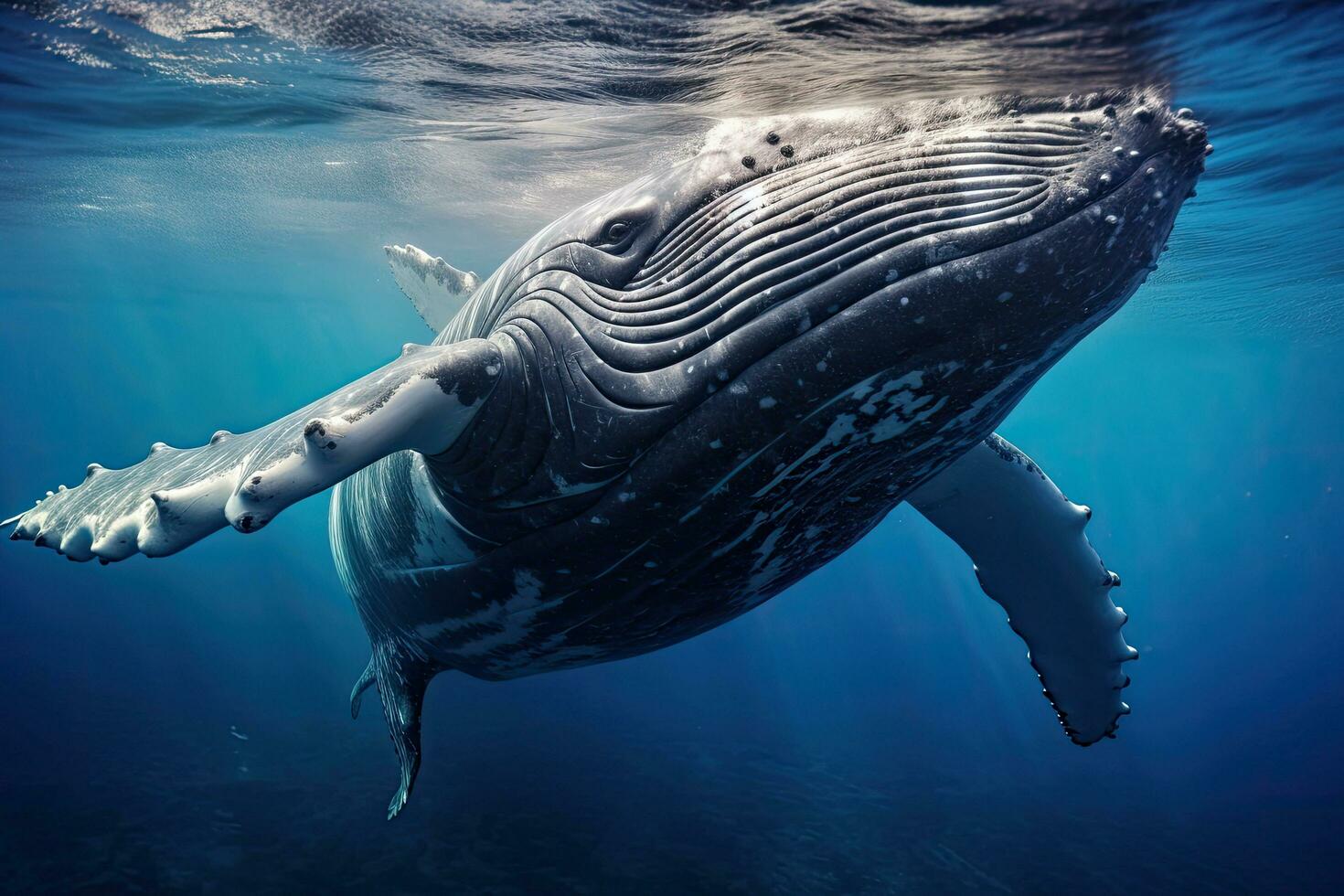 Whale swimming in the deep blue sea. Underwater scene, Humpback whale underwater in the Caribbean, AI Generated photo