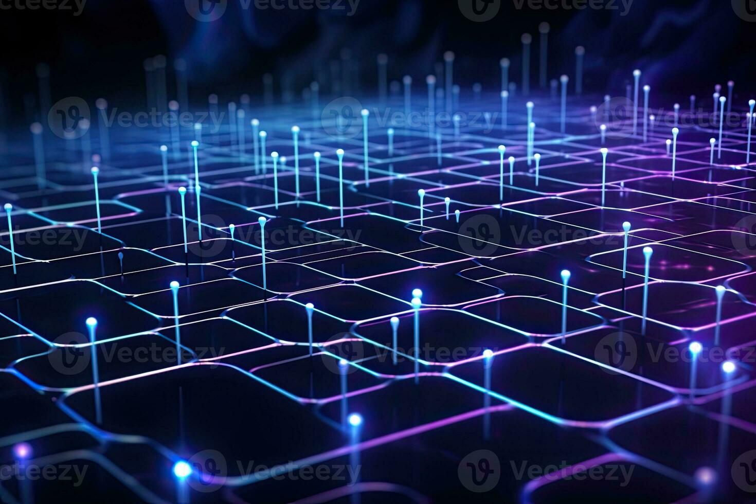 Abstract technological background with glowing lines and dots. 3D Rendering, Cyber big data flow. Blockchain data fields. Network line connect stream, AI Generated photo