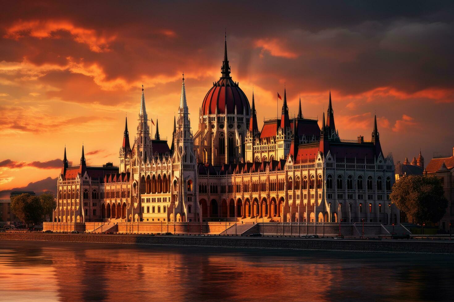 húngaro parlamento edificio a atardecer, budapest, Hungría, Europa, húngaro parlamento, Budapest a atardecer, ai generado foto