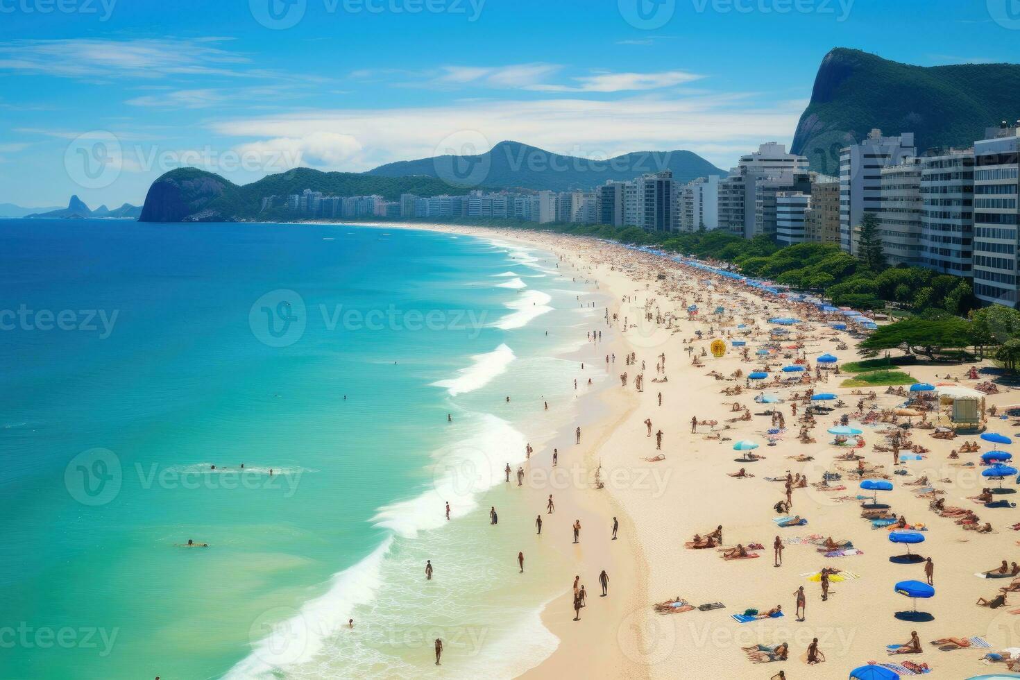 Copacabana beach in Rio de Janeiro, Brazil, South America, Copacabana beach in Rio de Janeiro, Brazil. Copacabana beach is the most famous beach of Rio de Janeiro, Brazil, AI Generated photo