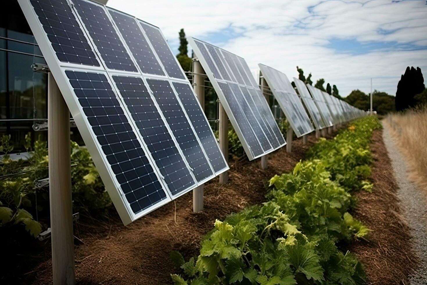 fotovoltaica paneles para renovable eléctrico producción. verde energía concepto, casa cerca hecho de solar paneles, ai generado foto