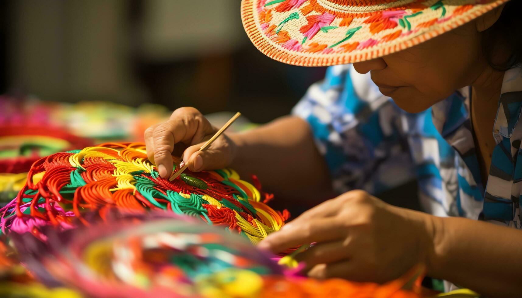 un antiguo hombre en un sombrero es trabajando en un cuerda de hilo ai generado foto