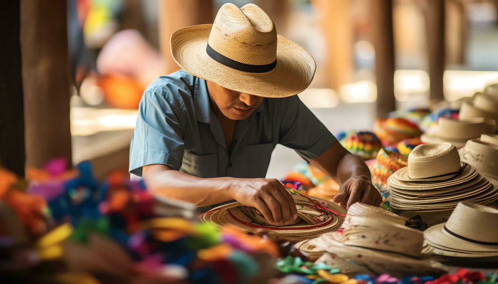 an old man in a hat is working on a string of yarn Ai Generated photo