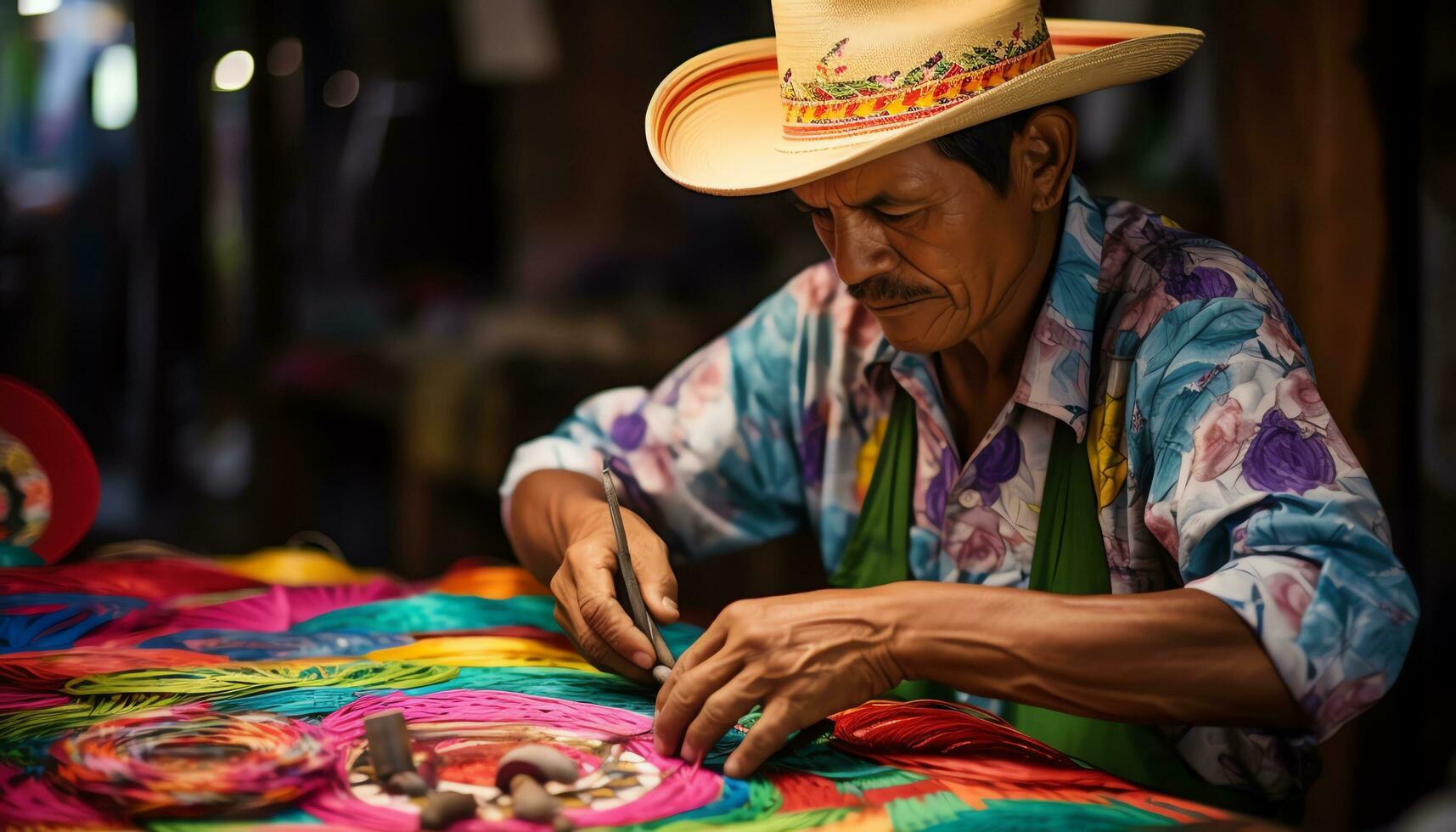 un antiguo hombre en un sombrero es trabajando en un cuerda de hilo ai generado foto