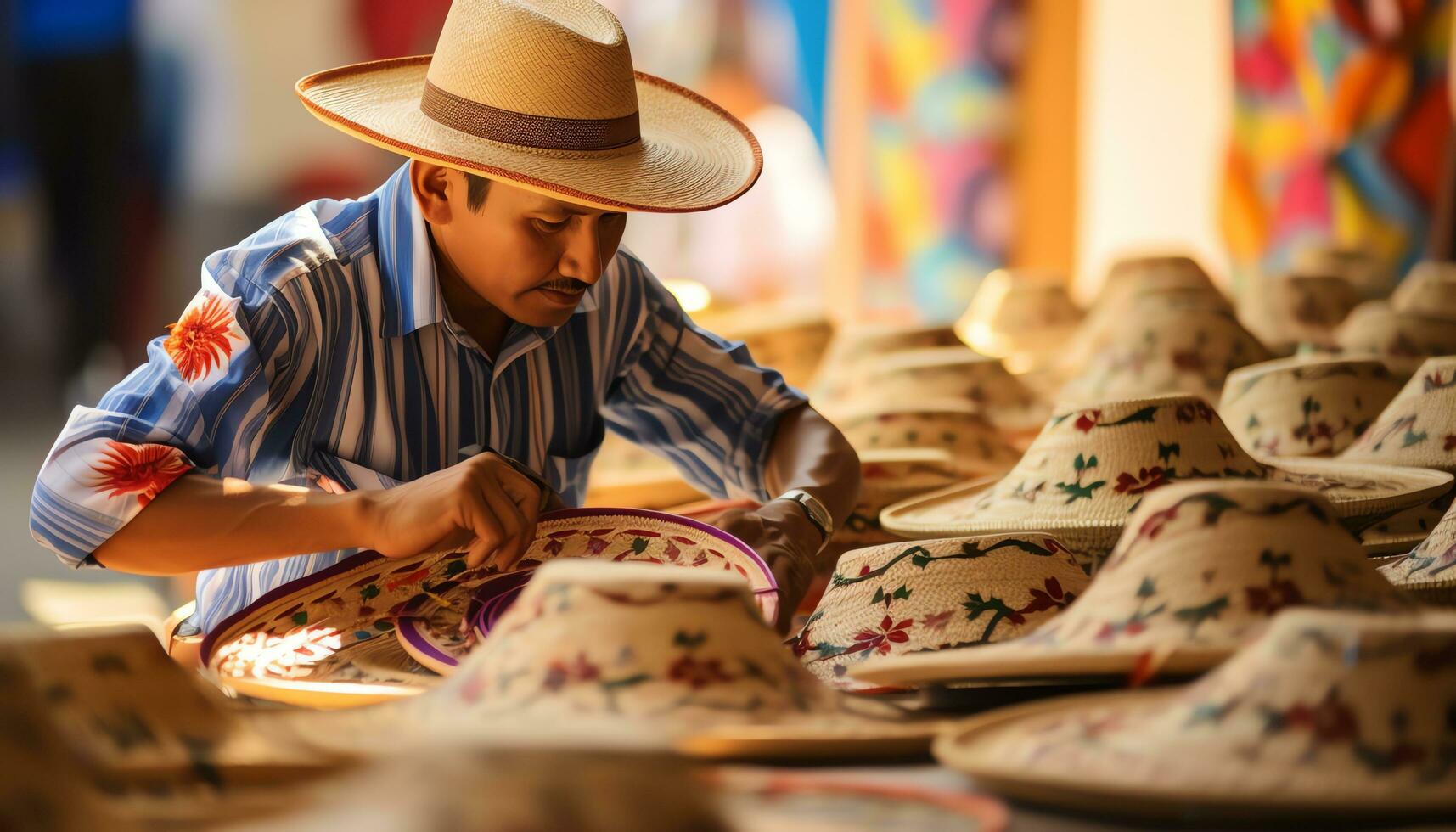 an old man in a hat is working on a string of yarn Ai Generated photo