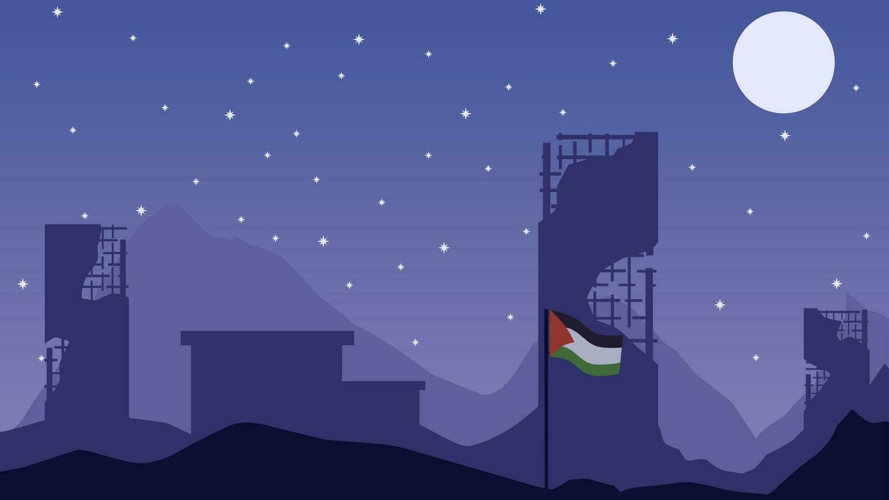 Palestina paisaje vector ilustración. silueta de destruido ciudad a noche con Palestina bandera. paisaje ilustración de Palestina para antecedentes o fondo de pantalla