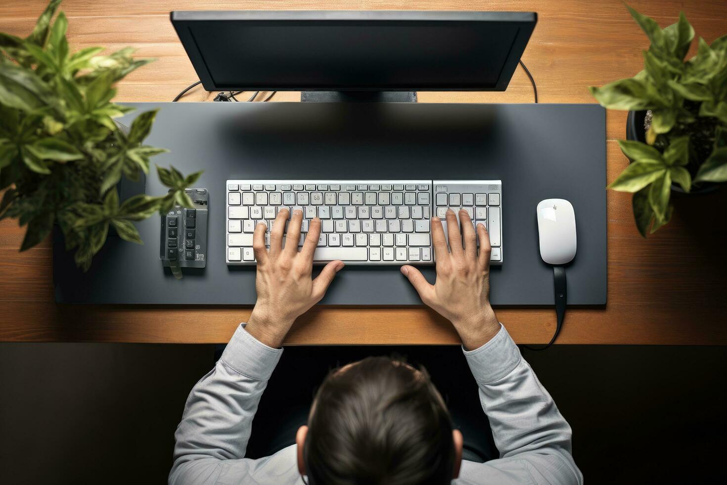 Top view of businessman working on computer at desk in office. Business concept, High angle view of male hands typing on computer keyboard while working in office, AI Generated photo