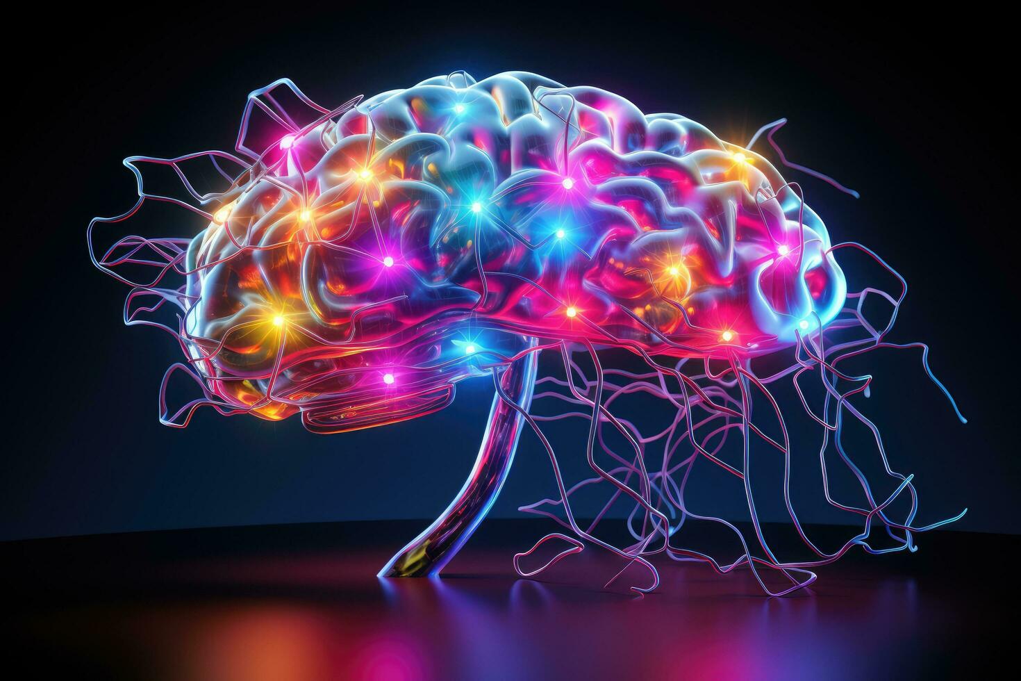 Human brain with glowing neon light on dark background. 3D rendering, holographic future's human brain connecting the works with multicolor neurolinks path way, AI Generated photo