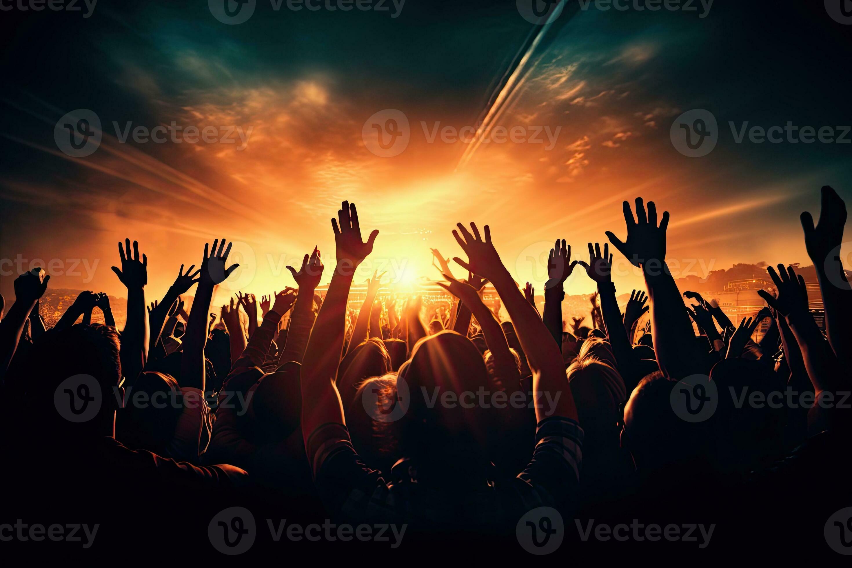 Crowd cheering at a music festival, hands raised in the air, Crowd cheering at a live music