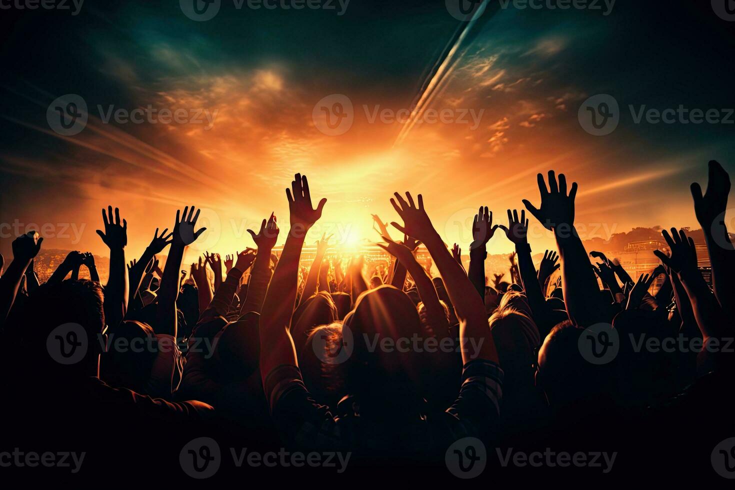 Crowd cheering at a music festival, hands raised in the air, Crowd cheering at a live music concert and raising hands up, AI Generated photo